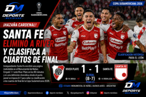 Independiente Santa Fe celebra una clasificación histórica a los cuartos de final de la Copa Sudamericana 2026. El León empató 1-1 ante River Plate en el Monumental y ganó 8-7 en una dramática definición por penales, con Weimar Asprilla como héroe al convertir el lanzamiento definitivo. Foto: archivo / Diseño: Deporte Meridiano.