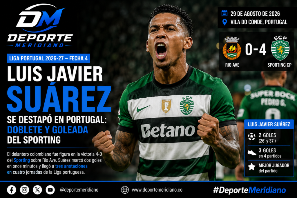 Luis Javier Suárez celebra uno de sus goles en la victoria 4-0 del Sporting sobre Rio Ave. El delantero colombiano llegó a tres anotaciones en cuatro jornadas de la Liga portuguesa.
