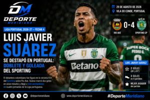 Luis Javier Suárez celebra uno de sus goles en la victoria 4-0 del Sporting sobre Rio Ave. El delantero colombiano llegó a tres anotaciones en cuatro jornadas de la Liga portuguesa.