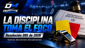 Gráfica de Deporte Meridiano sobre la Resolución 095 de 2026 y las decisiones disciplinarias del fútbol colombiano.