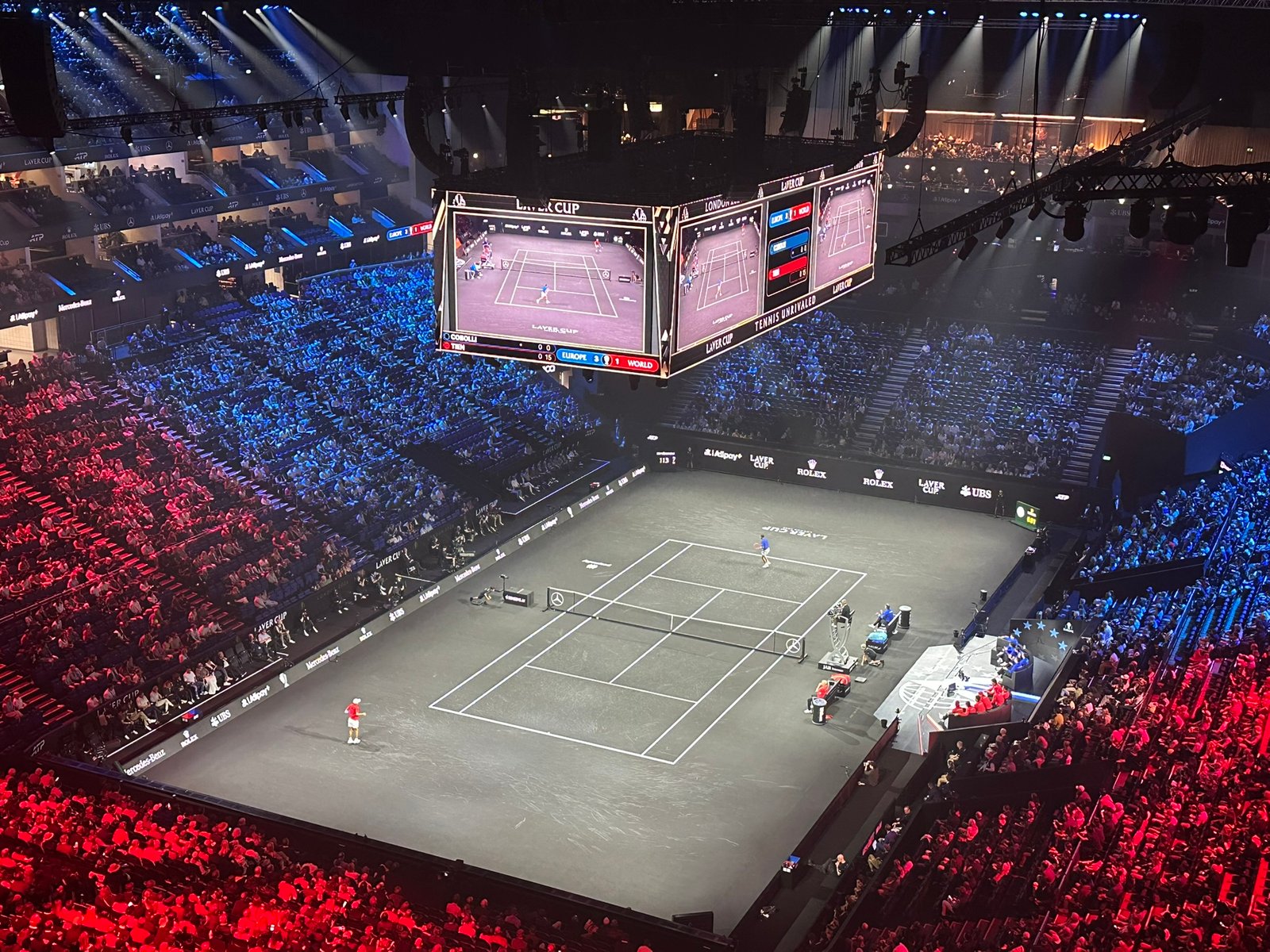 Vista general real de la Laver Cup 2026 desde las tribunas del O2 Arena el 26 de septiembre