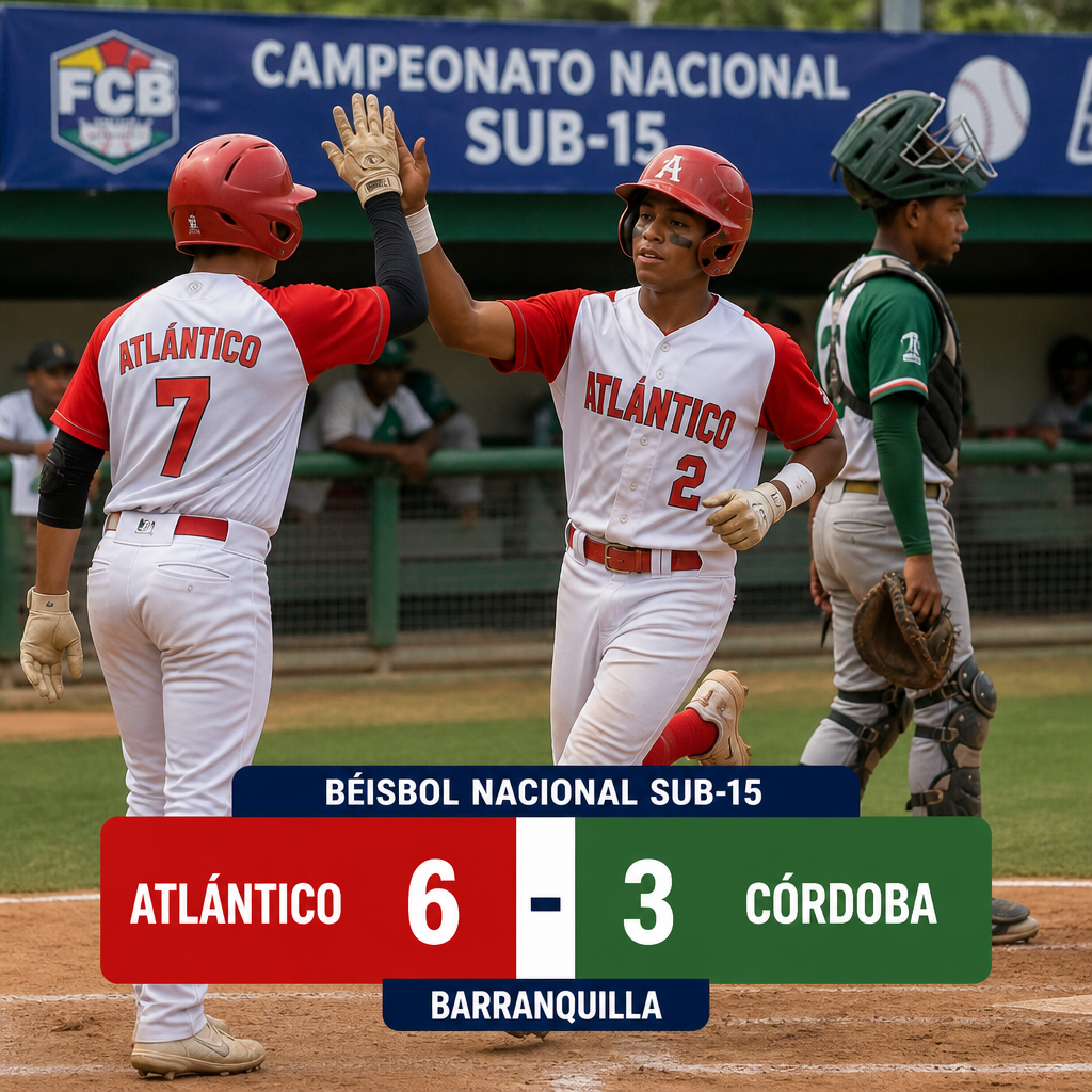Jugadores de Atl&aacute;ntico celebran su victoria 6-3 sobre C&oacute;rdoba en el Nacional Sub-15 de B&eacute;isbol en Barranquilla.