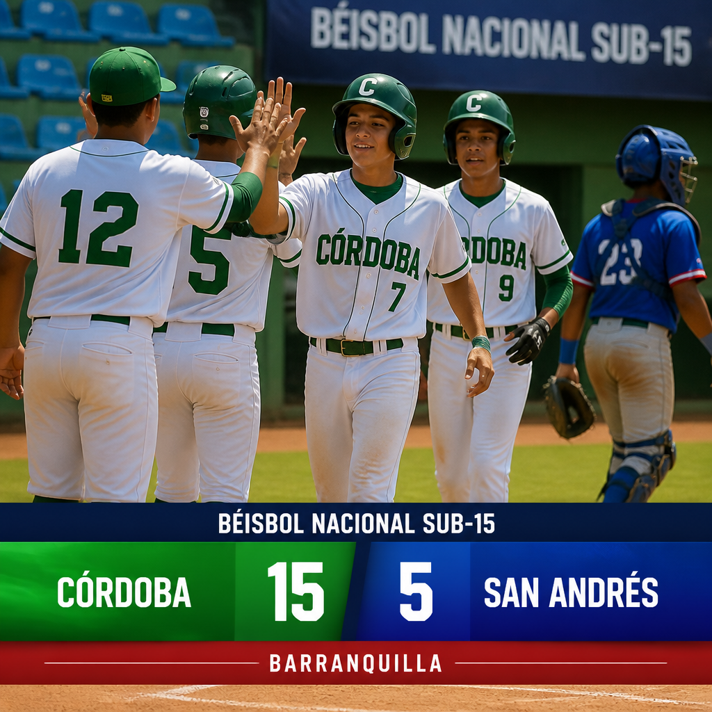 Jugadores juveniles de C&oacute;rdoba celebran su victoria 15-5 sobre San Andr&eacute;s en el Nacional de B&eacute;isbol Sub-15.