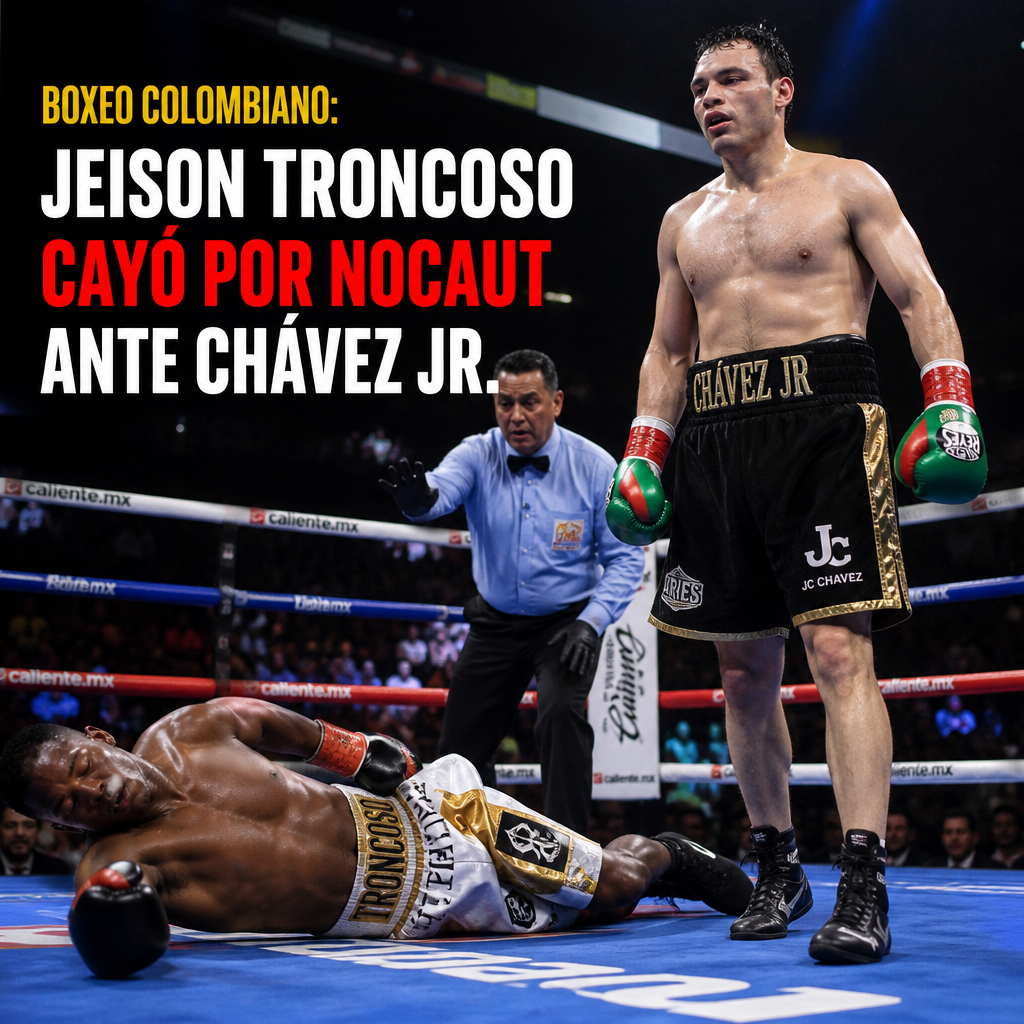 Jeison Troncoso yace noqueado mientras Ch&aacute;vez Jr. celebra su victoria en el ring.