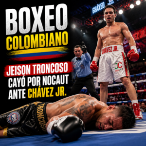 Jeison Troncoso celebra mientras Chávez Jr. yace noqueado en el ring durante una pelea de boxeo.