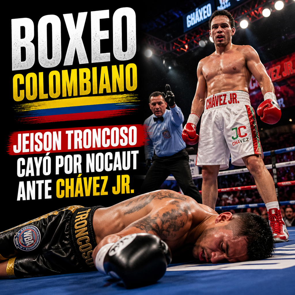 Jeison Troncoso celebra mientras Chávez Jr. yace noqueado en el ring durante una pelea de boxeo.