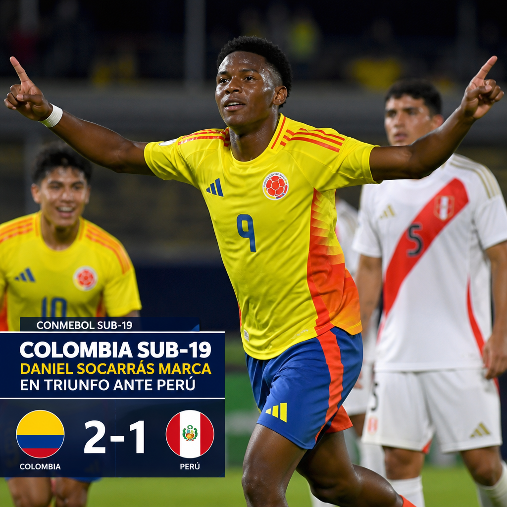 Daniel Socarr&aacute;s celebra su gol en el triunfo 2-1 de Colombia sub 19 ante Per&uacute;.