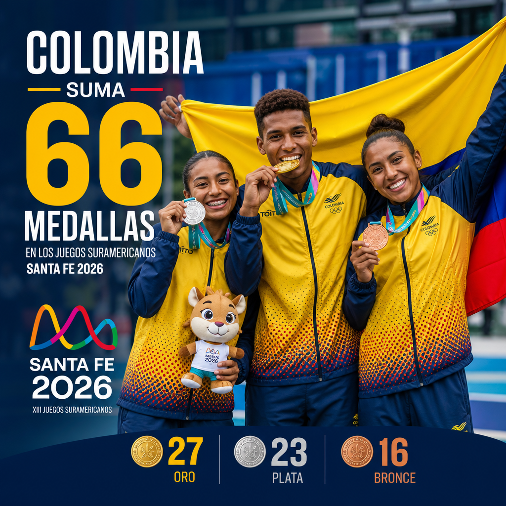 Colombia celebra 66 medallas en los Juegos Suramericanos Santa Fe 2026, incluyendo oros, platas y bronces.