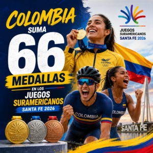 Atletas colombianos celebran 66 medallas en los Juegos Suramericanos Santa Fe 2026.