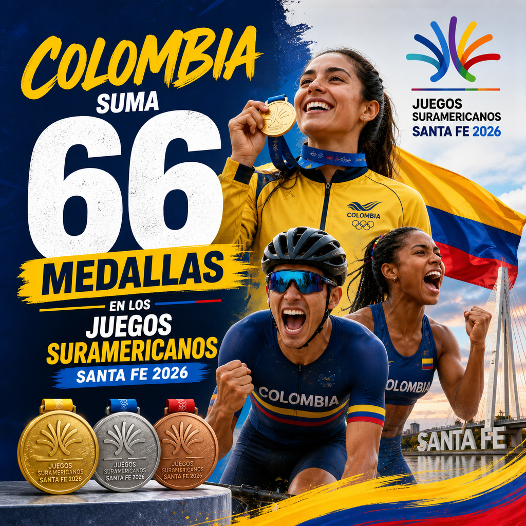 Atletas colombianos celebran 66 medallas en los Juegos Suramericanos Santa Fe 2026.