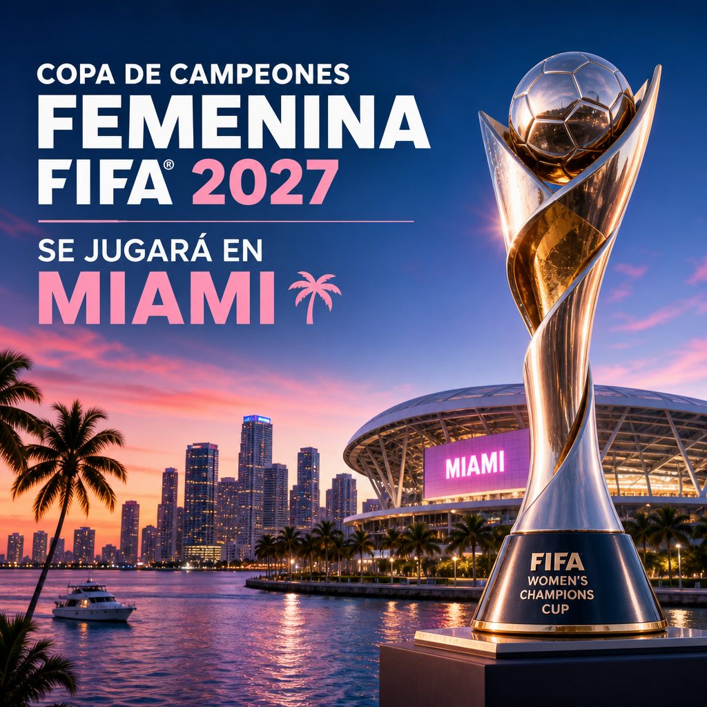Trofeo de la Copa de Campeones Femenina FIFA 2027 frente al skyline de Miami y un estadio junto al agua.