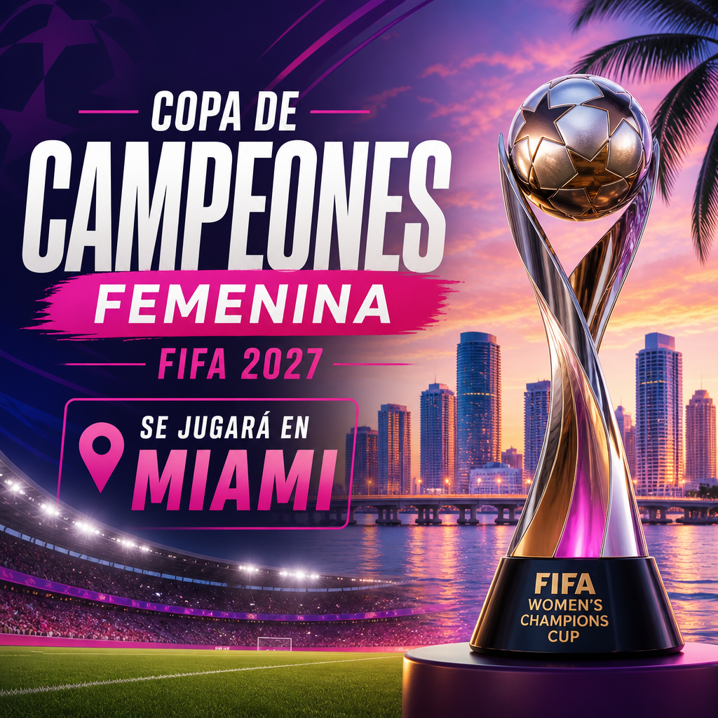 Gráfico promocional de la Copa de Campeones Femenina FIFA 2027 en Miami, con trofeo, estadio y skyline.