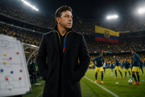 Entrenador de fútbol observa el calentamiento de jugadores en un estadio, con la bandera de Ecuador al fondo