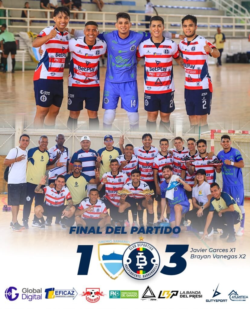 Independiente Barranquilla celebra su victoria 3-1 ante Gremio Samario en la Liga BetPlay Futsal.