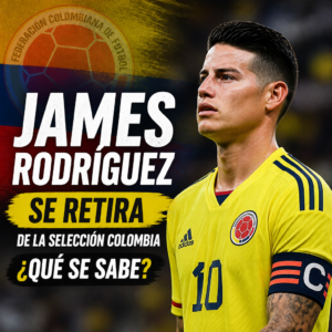 James Rodríguez con la camiseta amarilla de Colombia junto a un anuncio en español sobre su retiro de la selección.