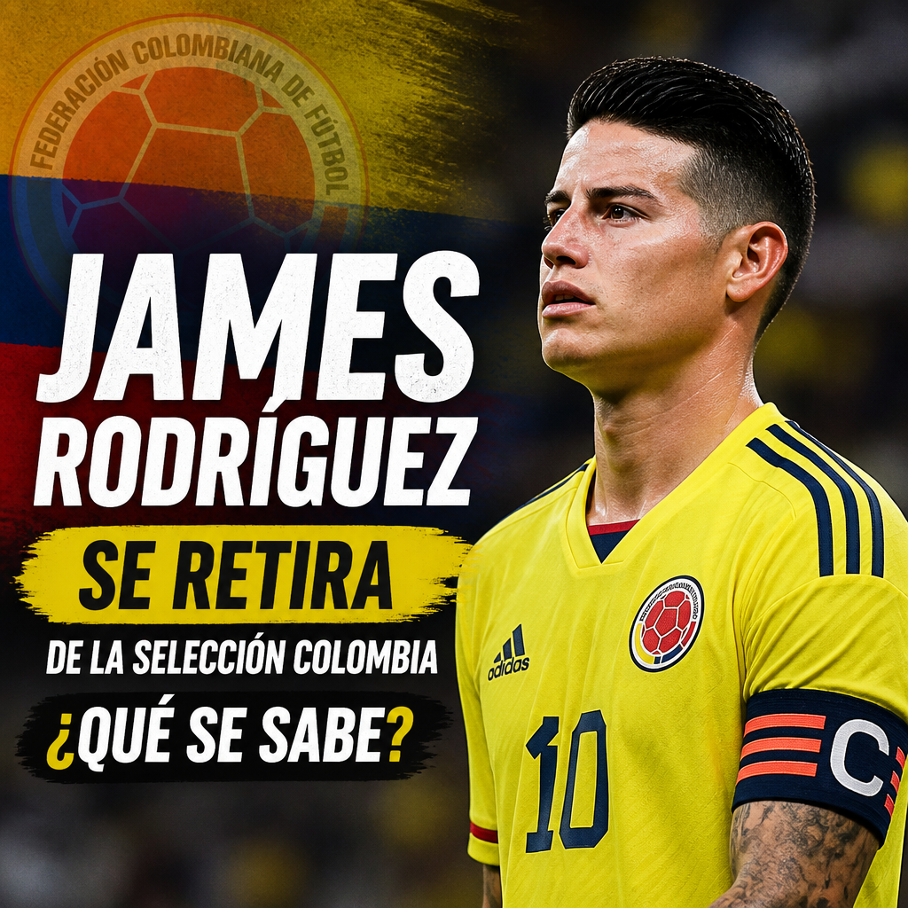 James Rodríguez con la camiseta amarilla de Colombia junto a un anuncio en español sobre su retiro de la selección.