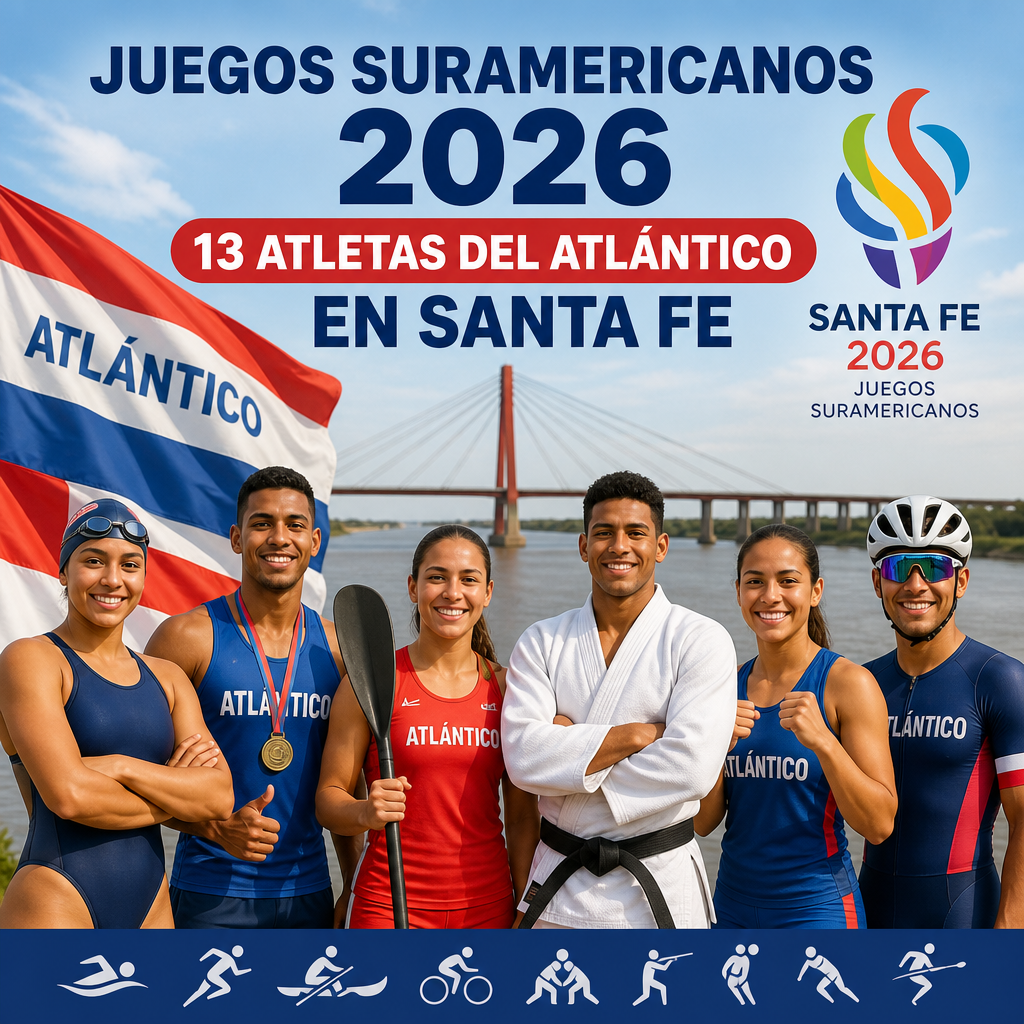 Banner promocional de los Juegos Sudamericanos 2026 en Santa Fe, con atletas, &iacute;conos deportivos y el r&iacute;o Paran&aacute;.