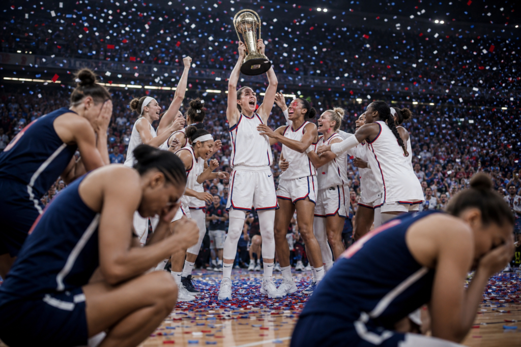 Jugadoras de baloncesto celebran el campeonato levantando el trofeo, mientras las rivales se lamentan entre confeti