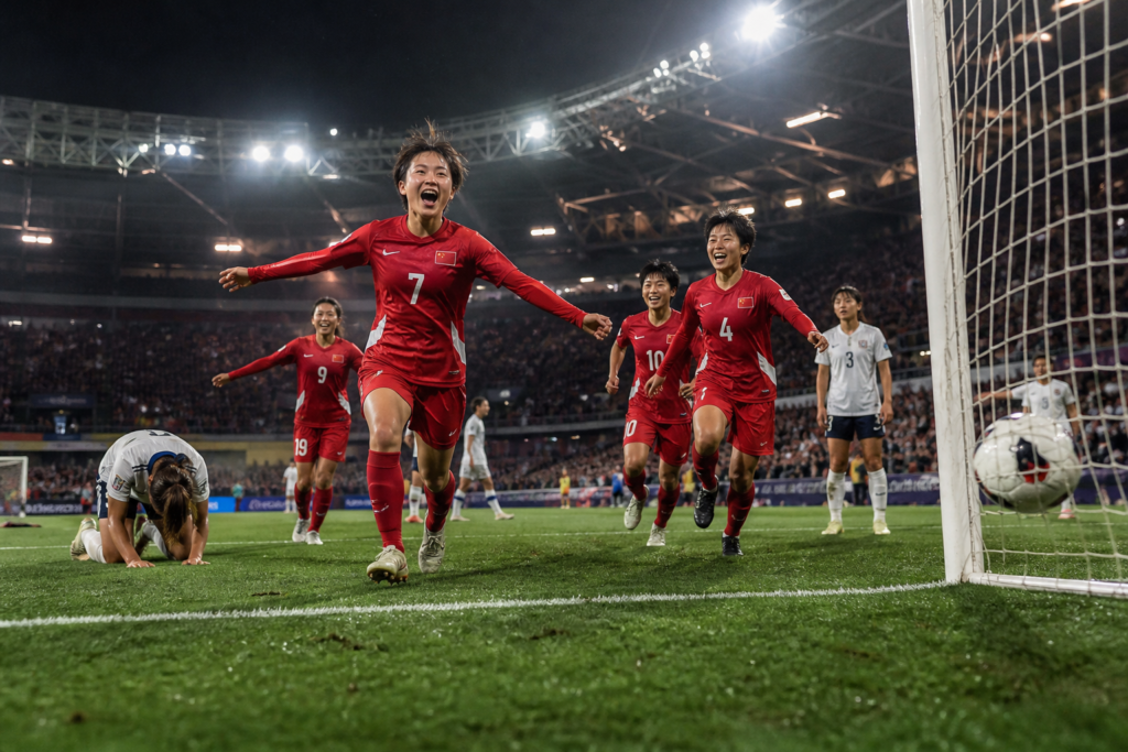 Jugadoras de China celebran un gol mientras el balón entra en la portería y una rival queda arrodillada