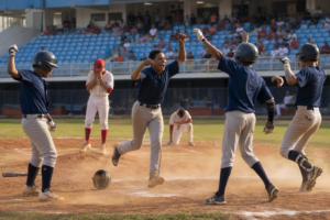 Jugadores de béisbol celebran en el campo mientras un bateador del equipo contrario se cubre el rostro