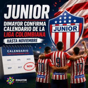 Jugadores de Junior de Barranquilla celebran junto al escudo del equipo por el calendario de la Liga colombiana.