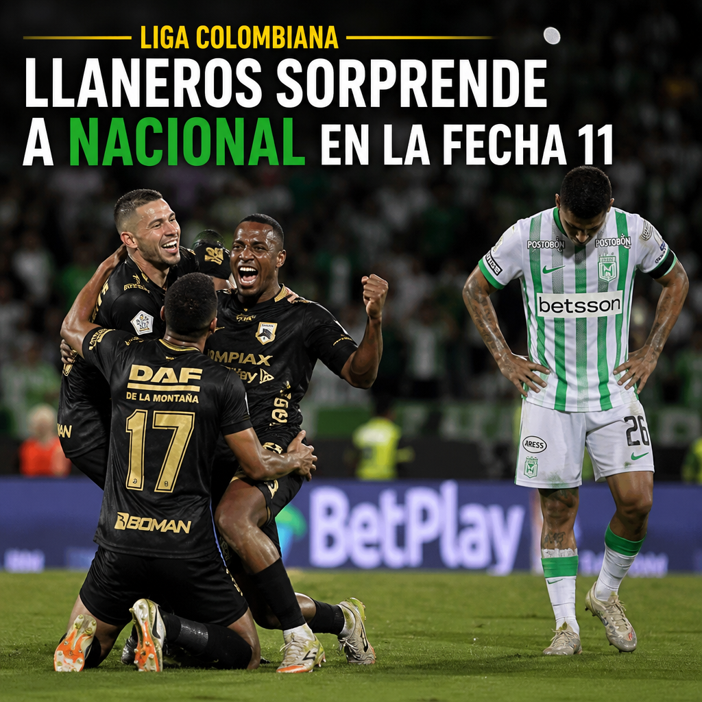 Jugadores de Llaneros celebran su victoria 2-0 sobre Atl&eacute;tico Nacional en la fecha 11 de la Liga colombiana.