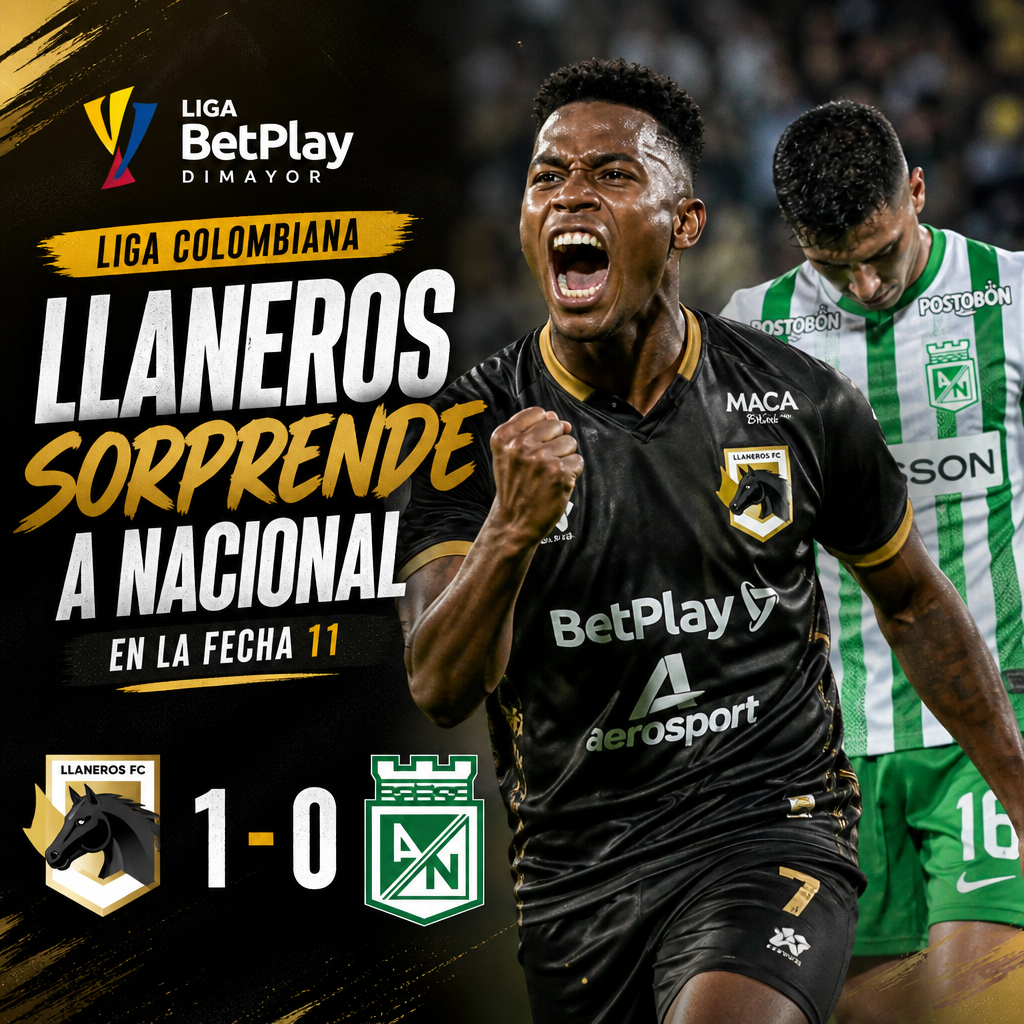 Llaneros celebra su victoria 1-0 sobre Atlético Nacional en la Liga colombiana.