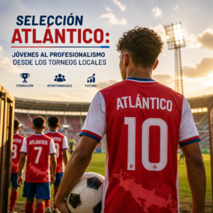 Jóvenes futbolistas de la Selección Atlántico, liderados por el número 10, entran a un estadio iluminado por el sol.