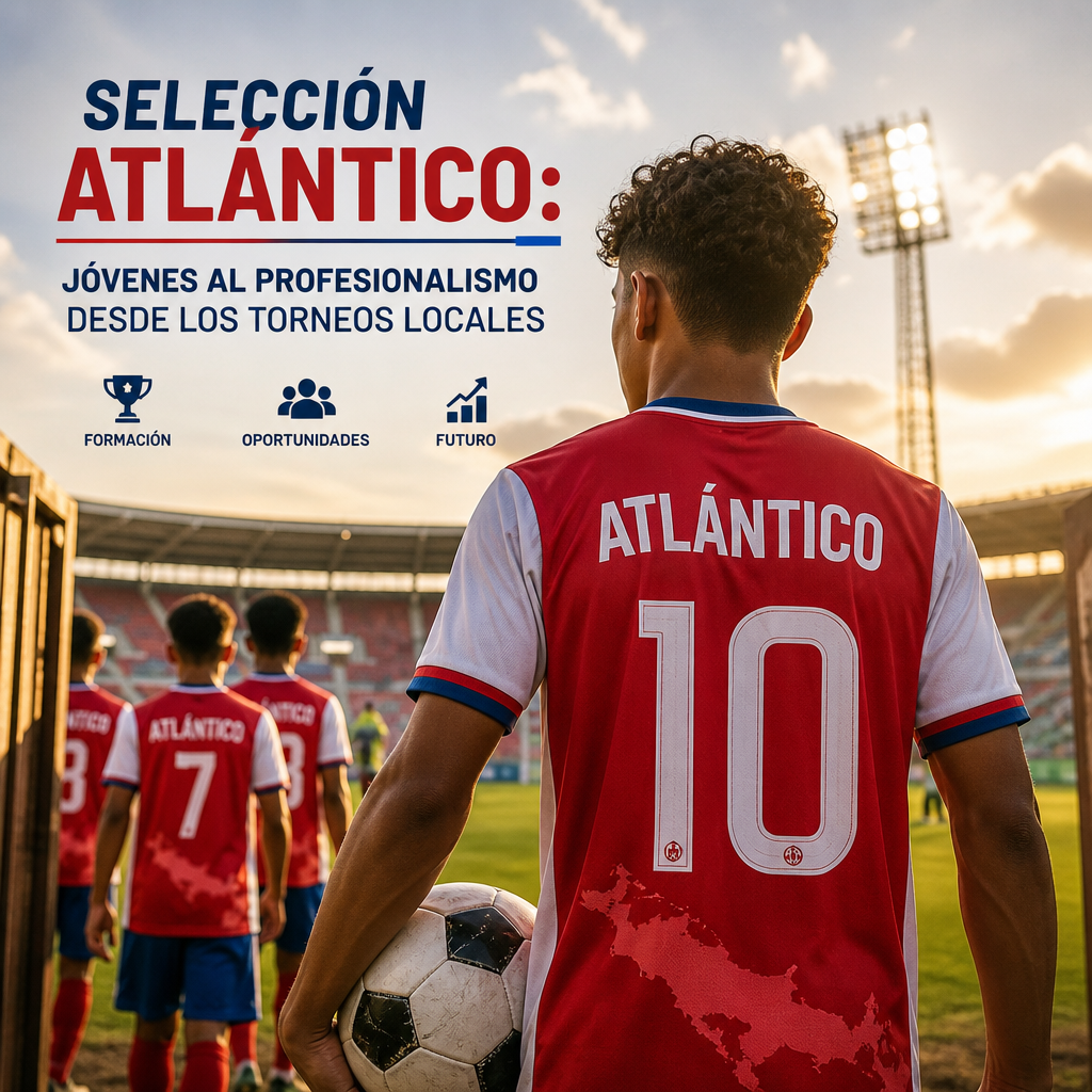 J&oacute;venes futbolistas de la Selecci&oacute;n Atl&aacute;ntico, liderados por el n&uacute;mero 10, entran a un estadio iluminado por el sol.