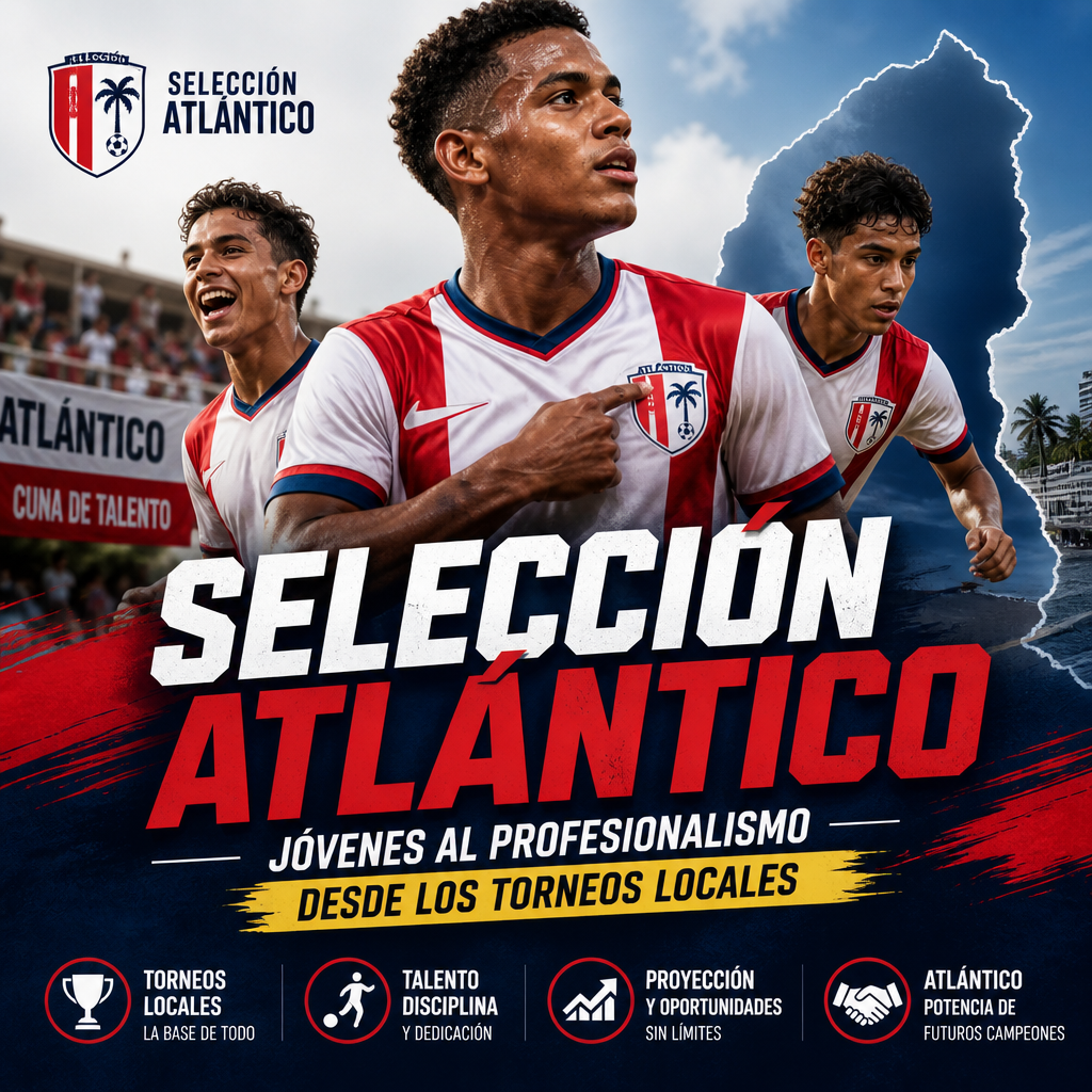 Jóvenes futbolistas de la Selección Atlántico entrenan en una cancha local rumbo al profesionalismo.