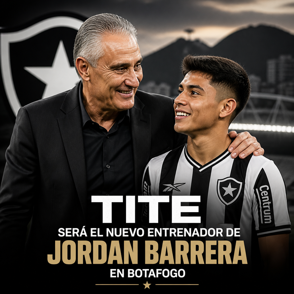 Tite y Jordan Barrera posan juntos en un gráfico de Botafogo que anuncia al nuevo entrenador.