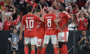 Celebración del Benfica en la fotografía publicada por el club para la crónica del partido contra Celtic.