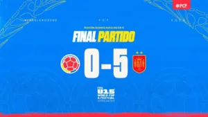 Pieza oficial de la FCF con el resultado Colombia 0-5 España en los cuartos del Mundial Sub-15 de Azerbaiyán 2026.