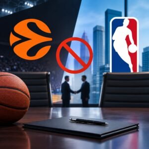 Composición de los símbolos de Euroleague y NBA, un balón y un signo de rechazo.