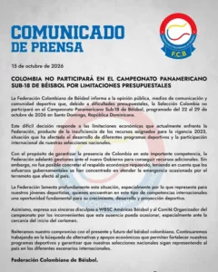 Comunicado de la Federación Colombiana de Béisbol sobre la participación en el Panamericano Sub-18 de 2026. Imagen institucional, difundida por El Universal.