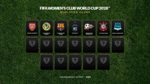 Gráfica oficial de FIFA con los emblemas de los siete clubes confirmados para el Mundial de Clubes Femenino 2028.