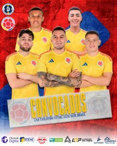 Pieza oficial de Independiente Barranquilla con sus cinco convocados a la Selección Colombia de futsal para la Liga Evolución 2026 en Brasil