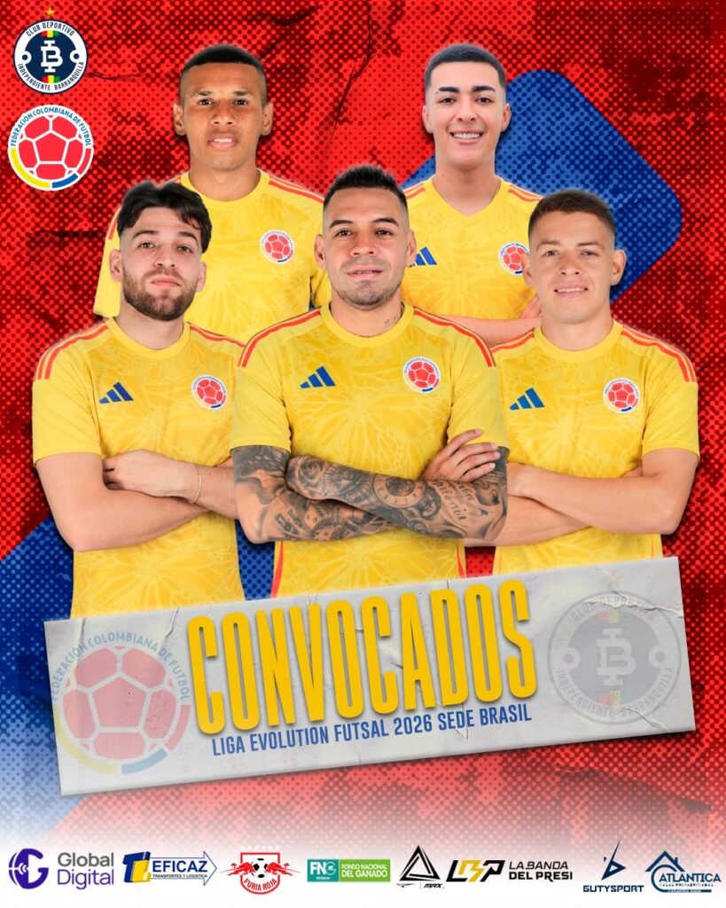 Pieza oficial de Independiente Barranquilla con sus cinco convocados a la Selección Colombia de futsal para la Liga Evolución 2026 en Brasil