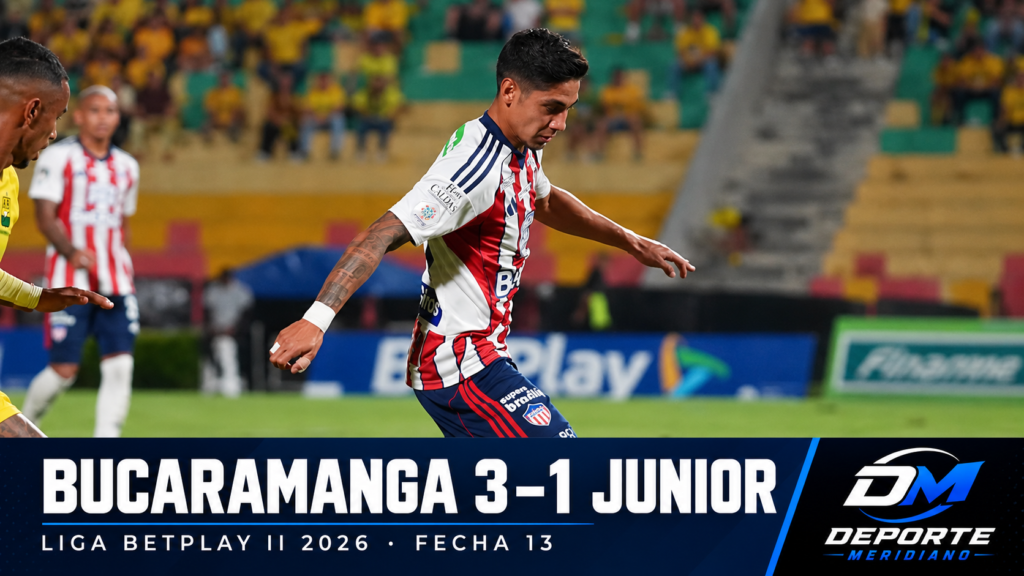 Jugador de Junior durante el partido ante Atlético Bucaramanga, con el marcador 3–1 y el logo de Deporte Meridiano