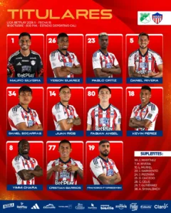 Alineación oficial de Junior ante Deportivo Cali: once titulares y nueve suplentes, 18 de octubre de 2026.