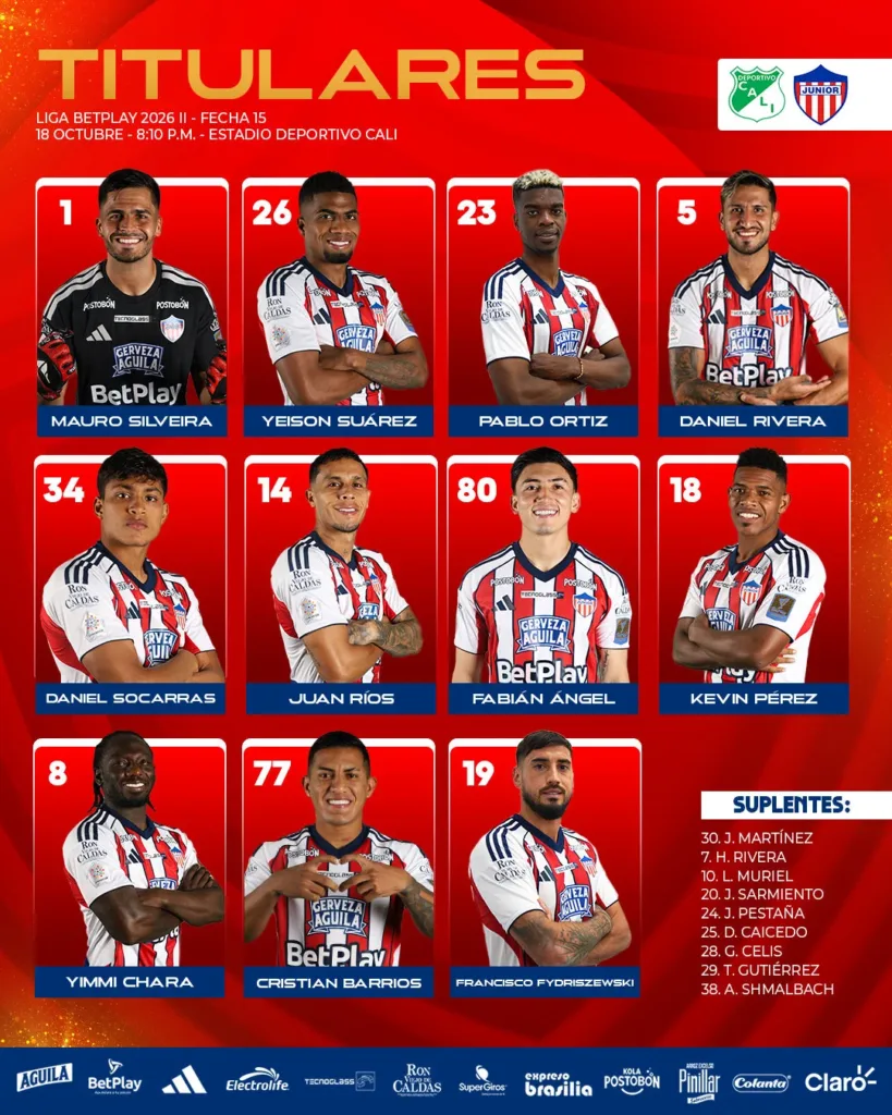Alineación oficial de Junior ante Deportivo Cali: once titulares y nueve suplentes, 18 de octubre de 2026.