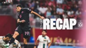 Pieza gráfica oficial del reporte de Inter Miami sobre su victoria 3-1 ante Atlanta United con dos goles de Lionel Messi.