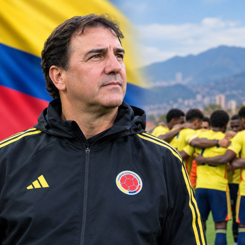 Ilustración de un entrenador con chaqueta de Colombia y un grupo de futbolistas al fondo.