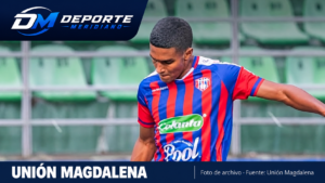 Jugador de Unión Magdalena en una composición con foto de archivo del club y logo de Deporte Meridiano.